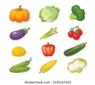 Vegetables collection isolated on white. Set of different fresh raw veggies icons. Healthy food concept. Cartoon vector. Vegetarian, vegetable pack symbol for graphic, web design logo vector 