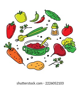 Colección de verduras aisladas en fondo blanco. Ilustración vectorial Doodles. Elemento de diseño para tela, papel pintado, papel envolvente, menú, promoción de productos agrícolas, comida saludable, culinaria.