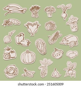 Vegetables collection on tags. Vector illustration for your design