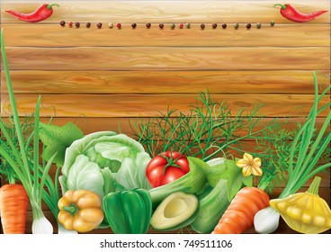 Vegetables collection on a wooden background. Vector illustration