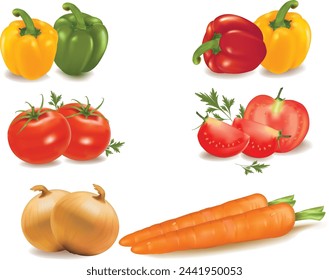 Vegetables collection Organic vegan healthy food nutrition vector realistic  Food vegetarian, vegetable tomato and  onion and carrot illustration 