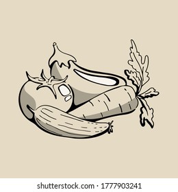 Colección de verduras diseño realista. pepino, tomate, berenjena, zanahoria con hojas. Estilo de caricatura de doodle de verduras en blanco y negro crudo. Comida saludable, concepto orgánico. dieta vegetal. 
