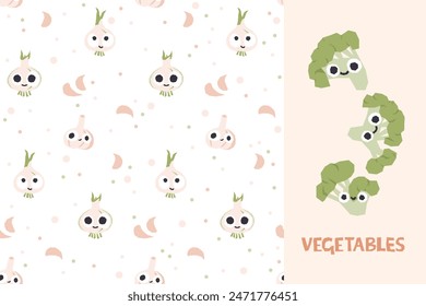 Verduras colección de patrones de brócoli sin costuras con cebolla, ajo y letras. Para imprimir tela y papel. Fondo infantil de dibujos animados de Vector con personajes de verduras sonrientes lindos. 