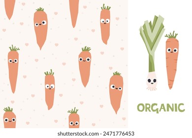 Verduras colección de patrones de zanahoria sin costuras con puerro y letras. Para imprimir tela y papel. Fondo infantil de dibujos animados de Vector con personajes de verduras sonrientes lindos. 