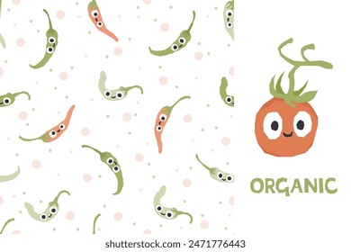 Verduras colección de patrones de pimiento caliente sin costuras con estampado de tomate y letras orgánicas. Para imprimir tela y papel. Fondo infantil de dibujos animados de Vector con personajes de verduras sonrientes lindos