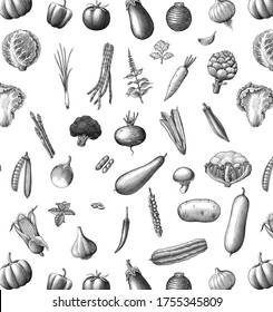 Vegetables collection seamless pattern hand draw vintage style black and white isolated on white background