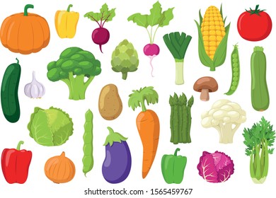 Colección Verduras: Conjunto de 26 verduras diferentes al estilo de las caricaturas Ilustración vectorial