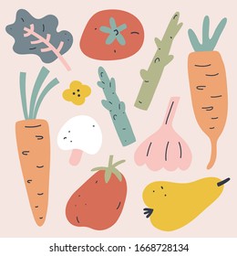 Colección de verduras, conjunto de ilustraciones vectoriales de verduras y frutas, colores terrenales de moda, arte plano a mano, dibujo moderno sencillo