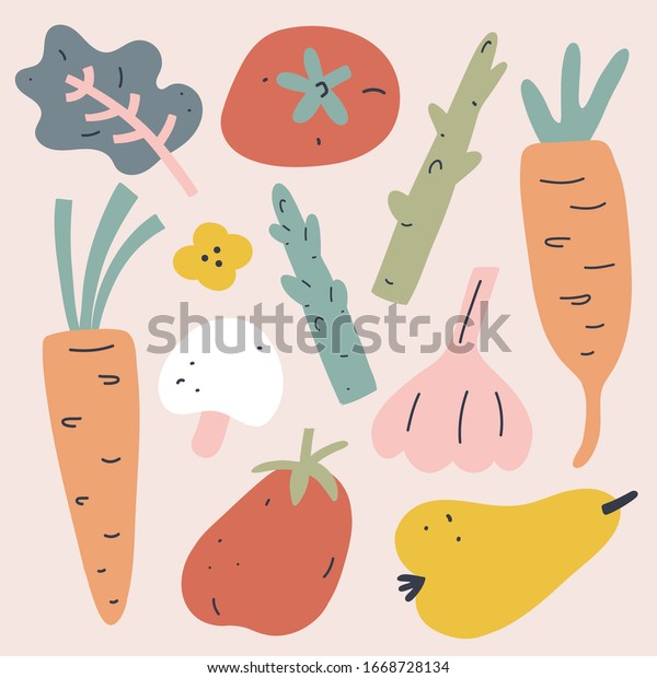 野菜コレクション 野菜と果物のベクターイラストセット トレンディな土色 平手描きのアート シンプルな現代画 のベクター画像素材 ロイヤリティフリー