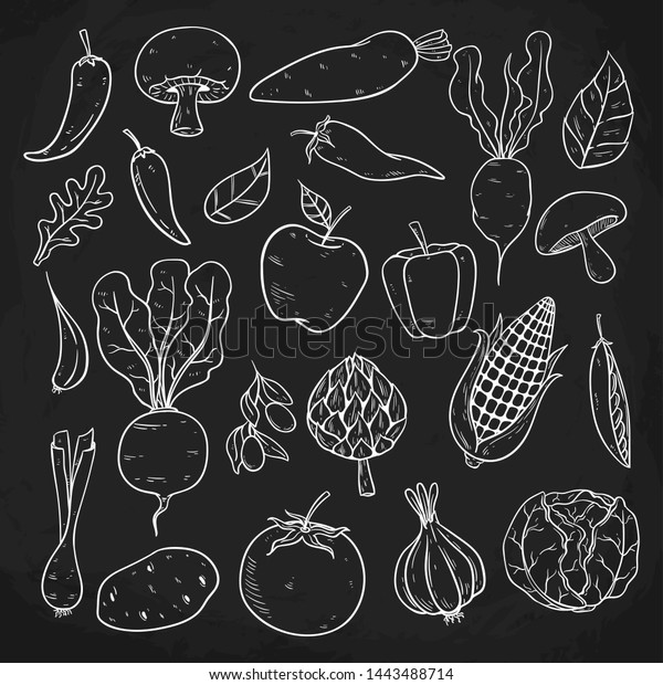 Colección De Verduras Con Boceto O Estilo Dibujado A Mano En Fondo Negro