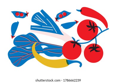 Vegetables collection. Vector vitamin C sources set. Dietetics products, organic. Pepper, peas, tomato and greens. Cartoon flat illustration. Simple vegetarian healthy food vector. Isolated. 