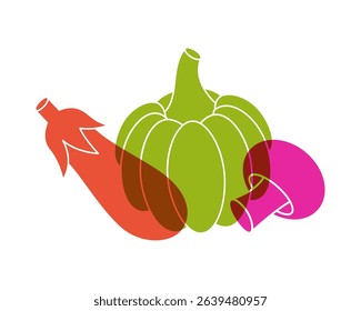 Vegetables color icons. Eggplant, pumpkin, mushroom. Healthy foods. Organic farm company logotype template. Vector illustration.