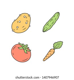 Vegetables color icons set. Potato, cucumber, tomato, carrot. Vitamin and diet. Healthy nutrition ingredient. Agriculture plant. Vegetable farm. Vegetarian food. Isolated vector illustrations