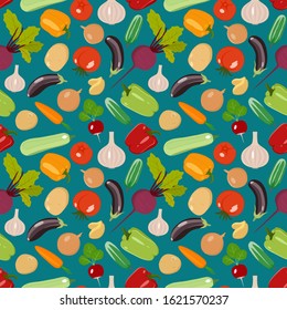  Vegetables color images. Seamless vector pattern. Icons of radishes, tomatoes, cucumbers, zucchini, onions, peppers, potatoes on a dark background