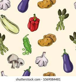 vegetables color seamless pattern, hand drawing style, multicolored, vector illustration