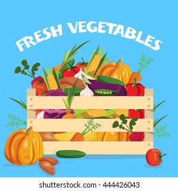 Vegetables colored composition with veggies in a wooden box and headline fresh vegetables vector illustration