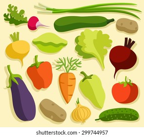 Vegetables, colored, flat. Ripe vegetables lie on a light background, coloured illustrations. 