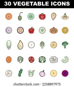 Vegetables colored icons set. Simple line symbol of fresh veggies half part. Organic nutritions. Flat vector illustration