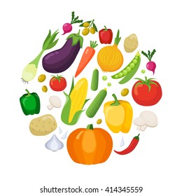 Vegetables colored isolated icons flat set with harvest of vegetables and fruit formed in a large circle vector illustration