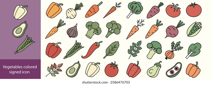 Vegetables colored signed icon collection. Tomato, potato, garlic, broccoli, pumpkin icons. UI icon set. Colored icons pack. Vector illustration