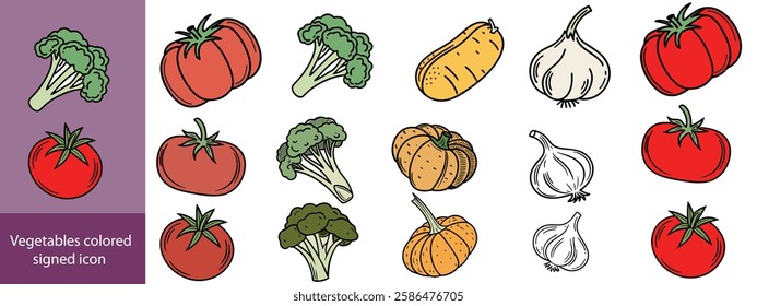 Vegetables colored signed icon collection. Tomato, potato, garlic, broccoli, pumpkin icons. UI icon set. Colored icons pack. Vector illustration