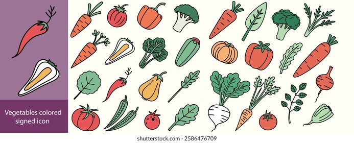 Vegetables colored signed icon collection. Tomato, potato, garlic, broccoli, pumpkin icons. UI icon set. Colored icons pack. Vector illustration