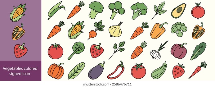 Vegetables colored signed icon collection. Tomato, potato, garlic, broccoli, pumpkin icons. UI icon set. Colored icons pack. Vector illustration