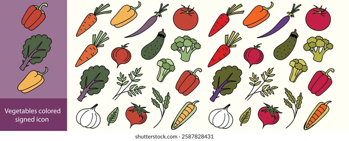 Vegetables colored signed icon collection. Tomato, potato, garlic, broccoli, pumpkin icons. UI icon set. Colored icons pack. Vector illustration