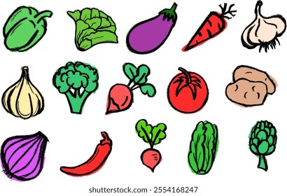 Vegetables Colorful Icons Drawing Crayon Chalk Vector Set