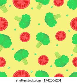 Patrón inmaculado de verduras.  Brócoli orgánico y fresco y rodajas de tomate. Productos de granja de fondo amarillo. Ilustración vectorial para menú, fondo de pantalla, textil.