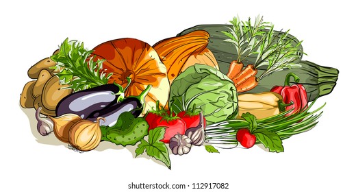 Vegetables Colorful Still Life. Vector EPS8 illustration, no effects used. All items are grouped and layered separately. All vegetables  are finished and can be used separately.