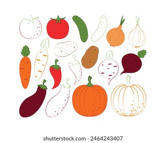 Vegetables coloring book . A children s coloring book featuring garden vegetables such as tomatoes, cucumber, onion and also carrots, peppers, potatoes and pumpkin. Children s coloring book. Vector