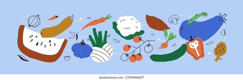 Vegetables composition in modern doodle drawn style. Healthy natural diet food, farm harvest. Veg fiber nutrition, ingredients, pepper, eggplant, tomato, fennel, cauliflower. Flat vector illustration