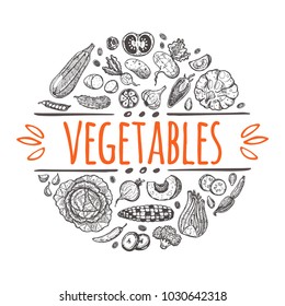 Vegetables concept design. Round circle composition. Hand drawn vector illustration. Can be used for badges, labels, logo, street festival, farmers market, country fair, shop, bakehouse, cafe.