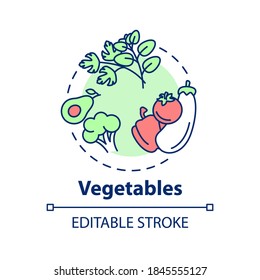 Vegetables concept icon. Fresh groceries . Organic food. Different types of veggies. Vegan meal idea thin line illustration. Vector isolated outline RGB color drawing. Editable stroke