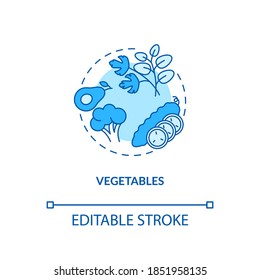 Vegetables concept icon. Healthy meal preparations. Natural meals. Vegetarian diet components idea thin line illustration. Vector isolated outline RGB color drawing. Editable stroke
