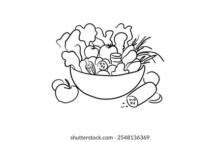 Vegetables, continuous line art drawing isolated on white background. Food and health. Vector illustration