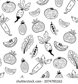 Vegetables contour seamless pattern. Agriculture, natural food, farming. Tomatoes peas lettuce radish, pumpkin. Outline ink style sketch. Vector texture for fabric textile wallpaper apparel wrapping.