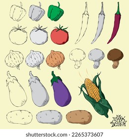 vegetables cooking colorful hand drawn set pepper mushroom corn eggplant onion patato tomato