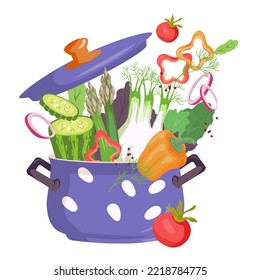 Vegetables cooking in kitchen pot vector illustration for healthy eating, vegetarian nutrition and recipes with vegetables design, hand drawn flat vector illustration isolated on white background.