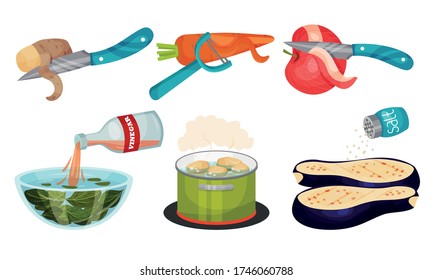 Vegetables Cooking with Potato Peeling and Eggplant Salting Process Vector Set