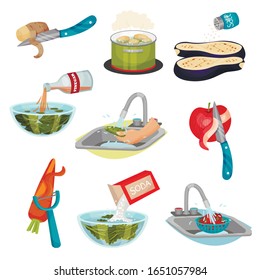 Gemüse im Kochen mit Peeling- und Reinigungsset für Vektorillustration
