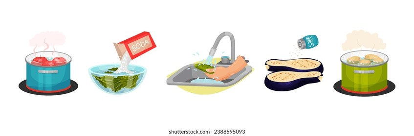 Vegetables Cooking with Water Steeping and Boiling Process Vector Set