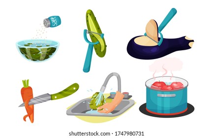 Vegetables Cooking with Water Steeping and Peeling Process Vector Set