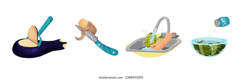 Vegetables Cooking with Water Steeping and Peeling Process Vector Set