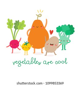 Vegetables Are Cool Cute Illustration. Super Cute Cartoon Veggies - Radish, Tomato, Pumpkin, Potato And Broccoli. 