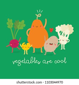 Vegetables Are Cool cute illustration. Super cute cartoon veggies - Radish, Tomato, Pumpkin, Potato and Broccoli. 