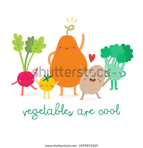 野菜はかわいいイラストです 大根 トマト カボチャ ポテト ブロッコリーなど とてもかわいい漫画の野菜 のベクター画像素材 ロイヤリティフリー