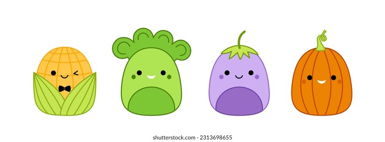 Verduras. Maíz, calabaza, berenjena, brócoli. Squishmallow. Delicioso juguete de peluche suave. Almohada. Kawaii, caricatura. Ilustración vectorial aislada eps 10