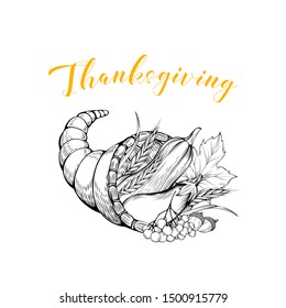 Vegetables cornucopia basket black and white illustration. Thanksgiving greeting card design element. Autumn season holiday postcard concept with calligraphy. Wooden pottle with harvest engraving